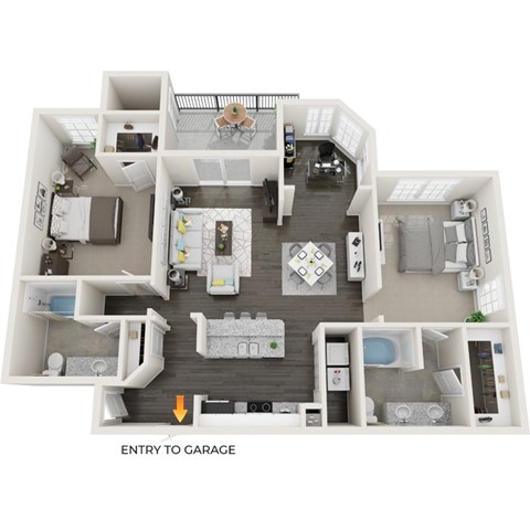 Floor plan for 2 beds, 2 baths, 1257 sqft